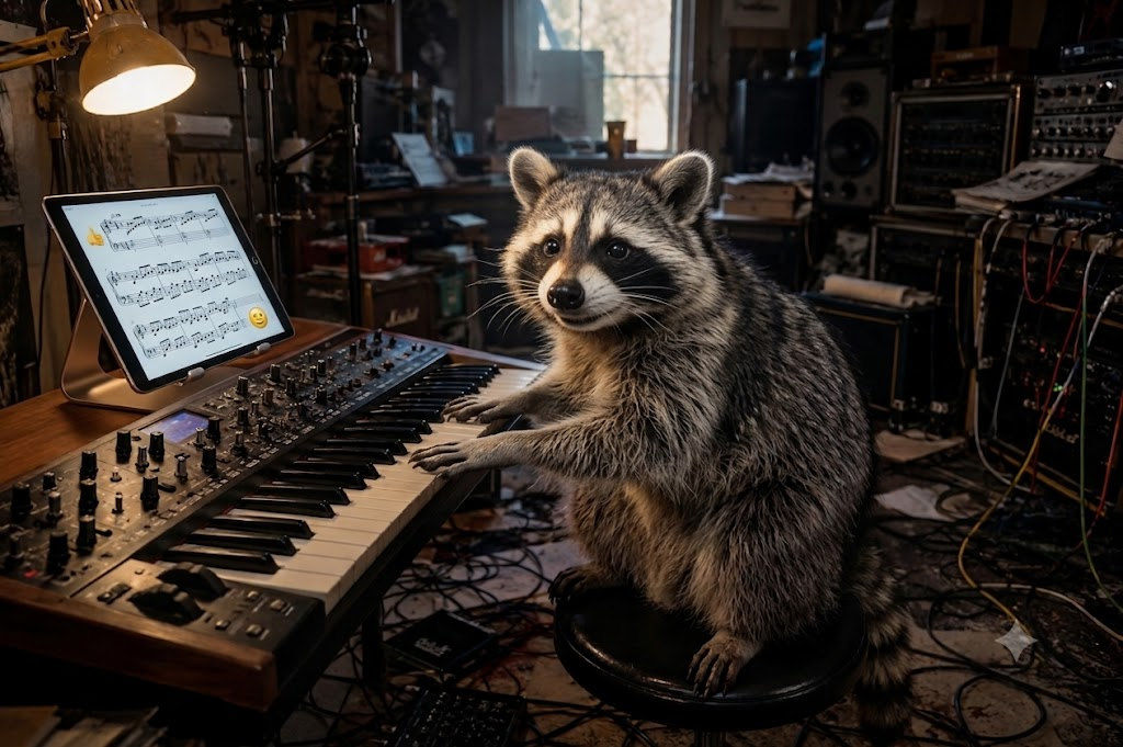 A raccoon playing keyboard in a studio
